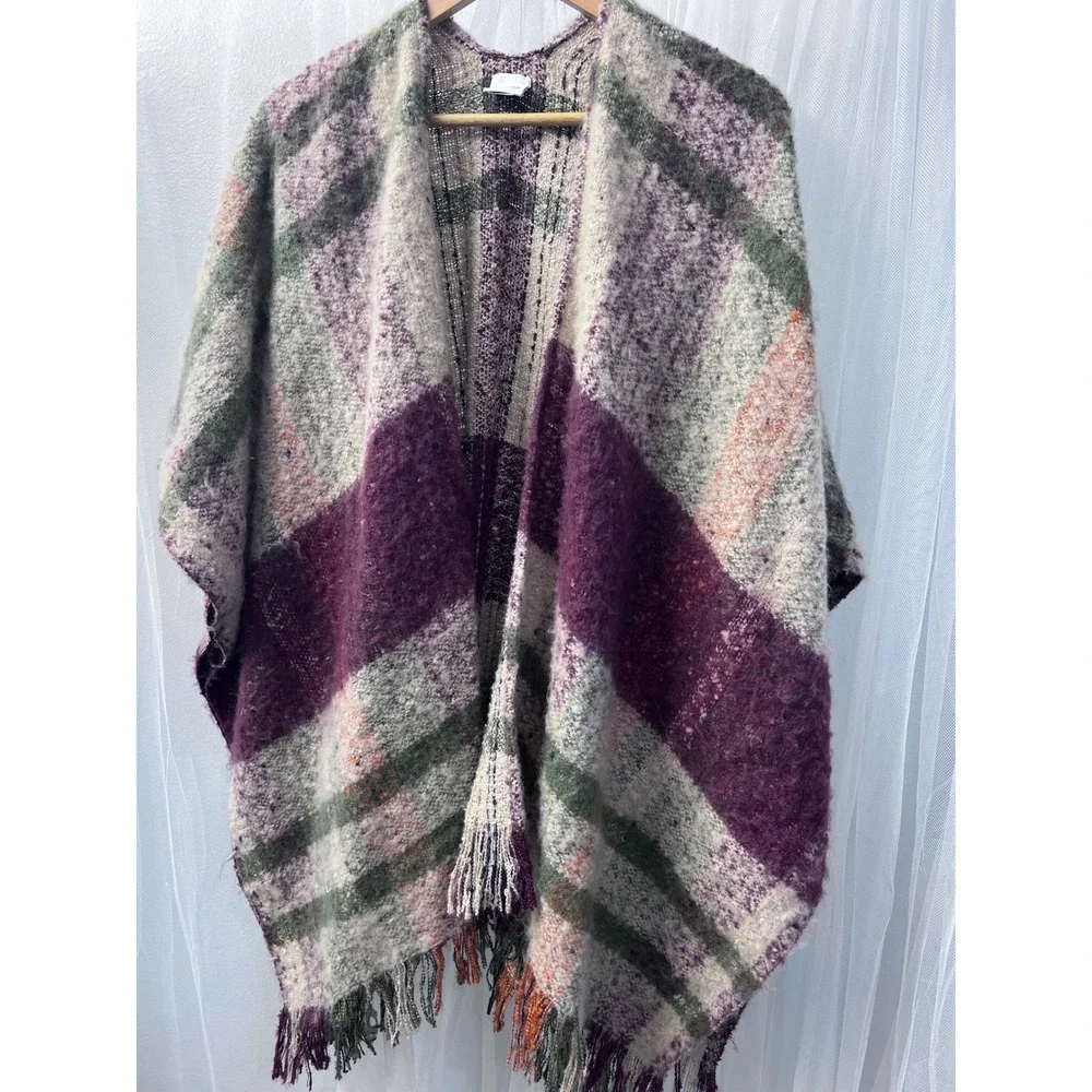Sonoma‎ Goods For Life Purple Plaid Fringe Poncho Wrap One Size Womens Knit Cape